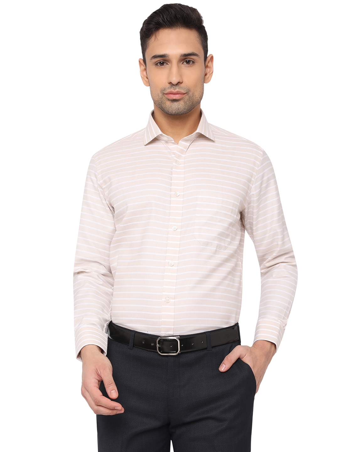 Light Pink & White Striped Slim Fit Formal Shirt | Greenfibre