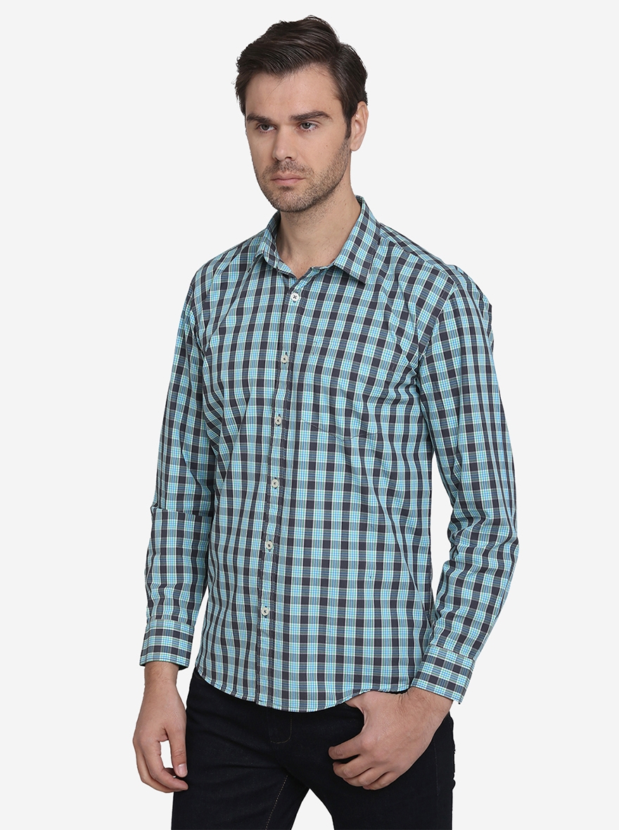 Green & Blue Checked Regular Fit Casual Shirt | Greenfibre