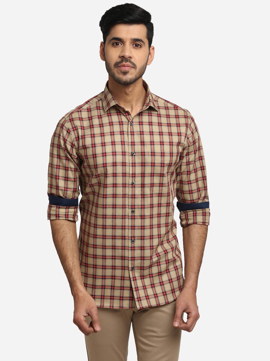 Greenfibre | Beige & Red Checked Formal Shirts (GFS314/1,FAWN RED CHEX (SFT))