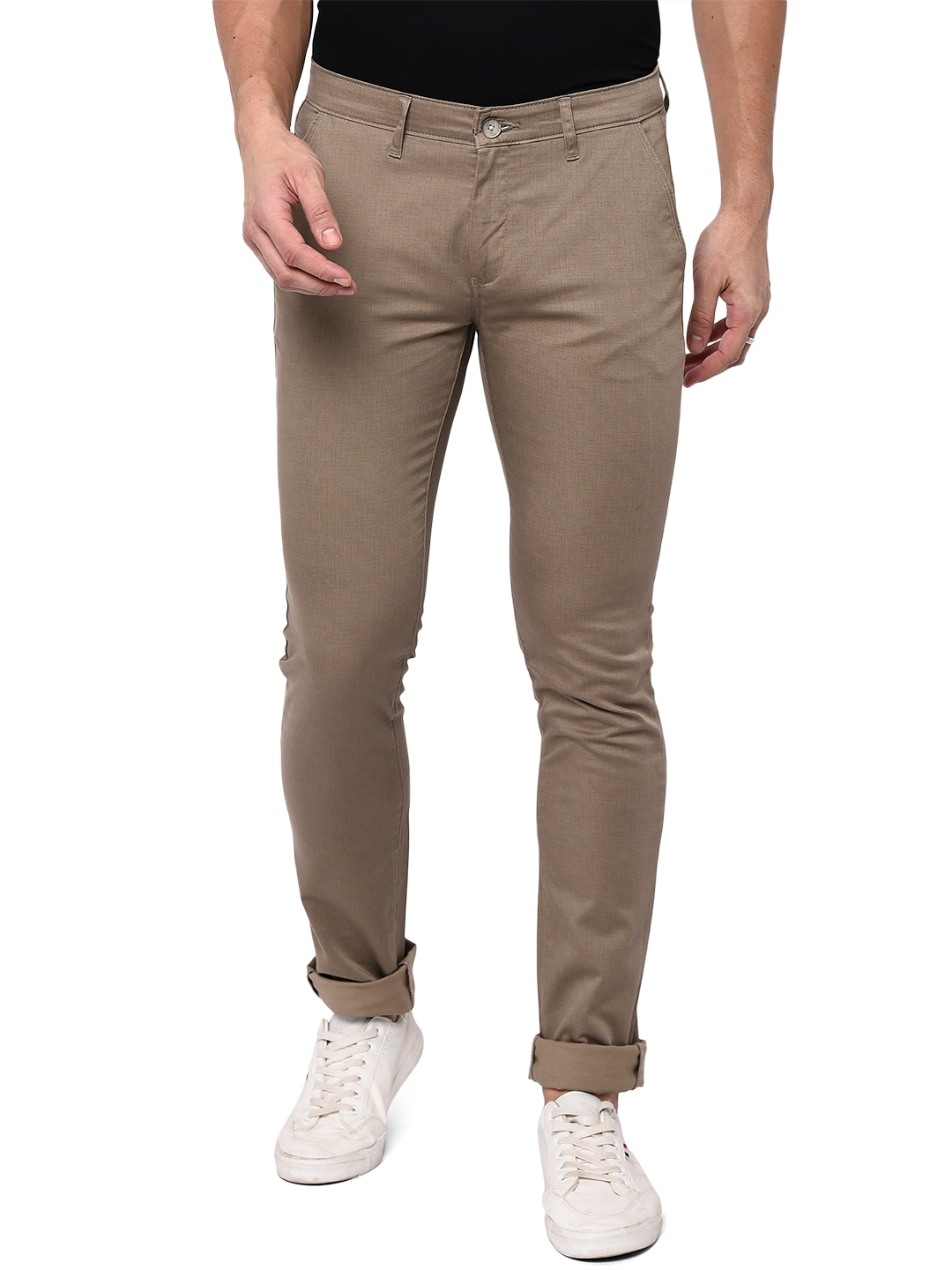 Khaki Washed Slim Fit Casual Trouser | Greenfibre