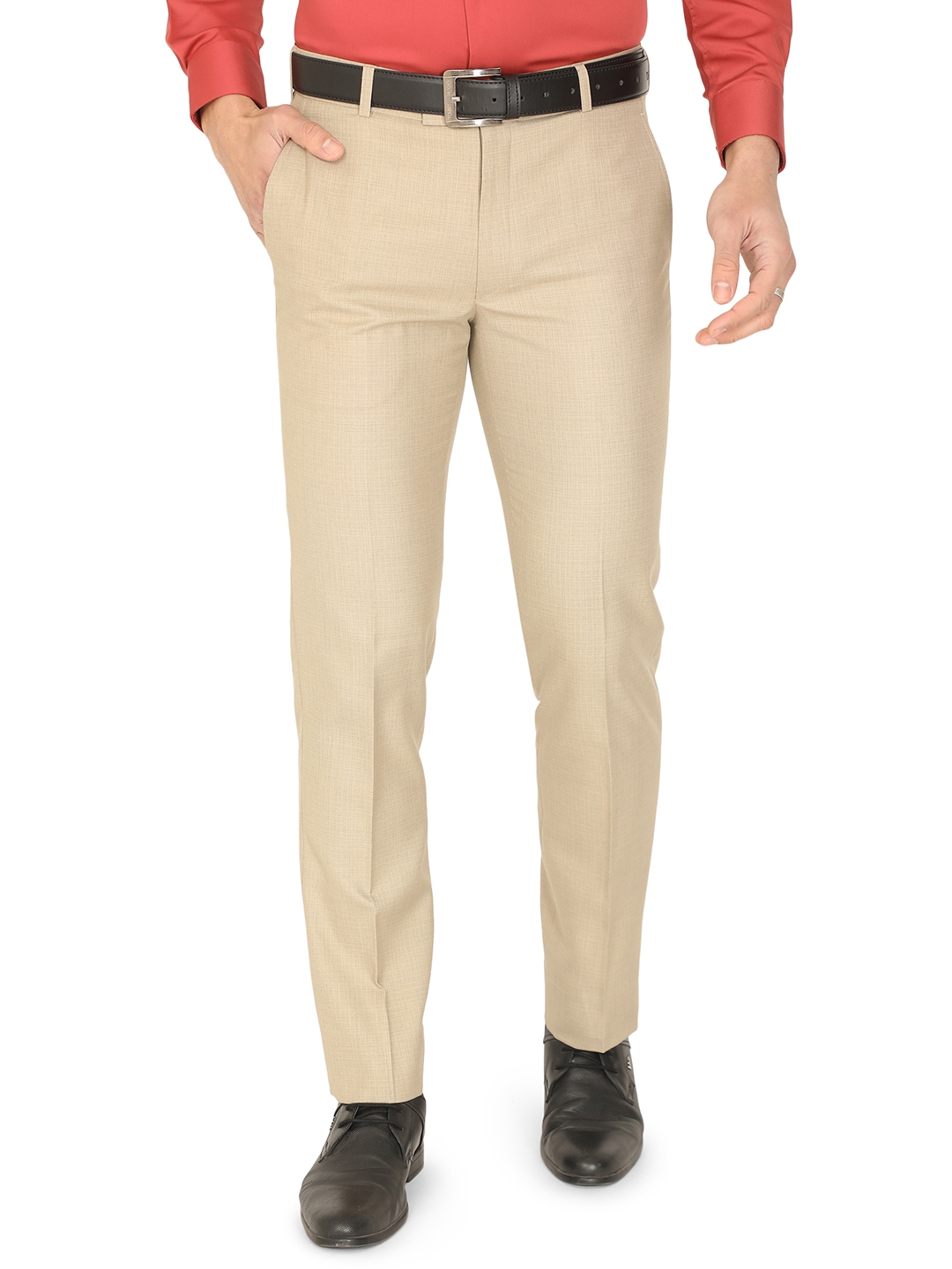Light Beige Solid Slim Fit Formal Trouser | Greenfibre