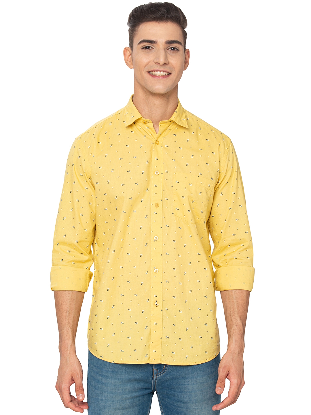 Lemon Yellow Printed Slim Fit Casual Shirt | Greenfibre