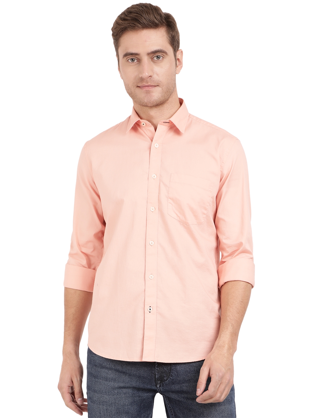 Greenfibre | Peach Solid Slim Fit Casual Shirt | Greenfibre
