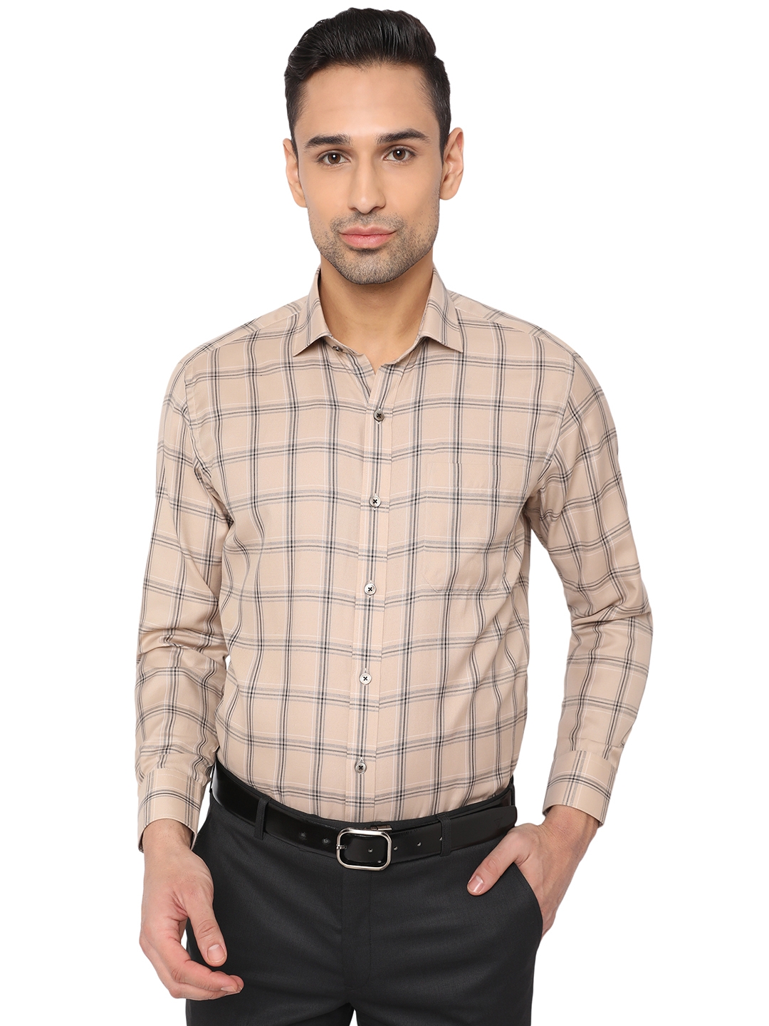 Greenfibre | Beige Checked Formal Shirts (GFS391/1,FAWN BRW CHEX (SFT))