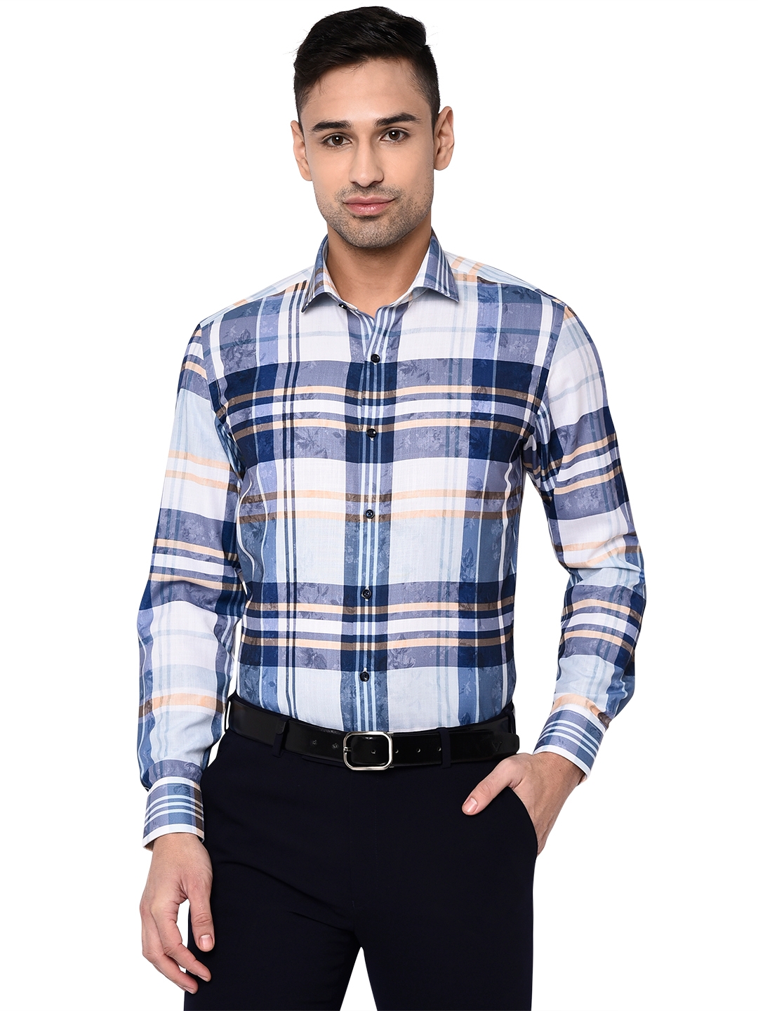 White & Blue Checked Slim Fit Party Wear Shirt | Greenfibre