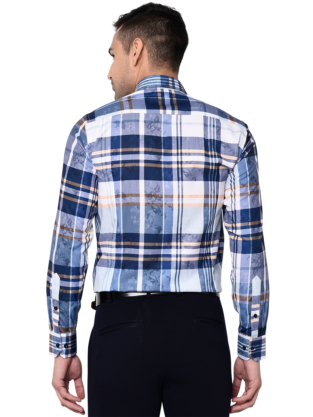 White & Blue Checked Slim Fit Party Wear Shirt | Greenfibre