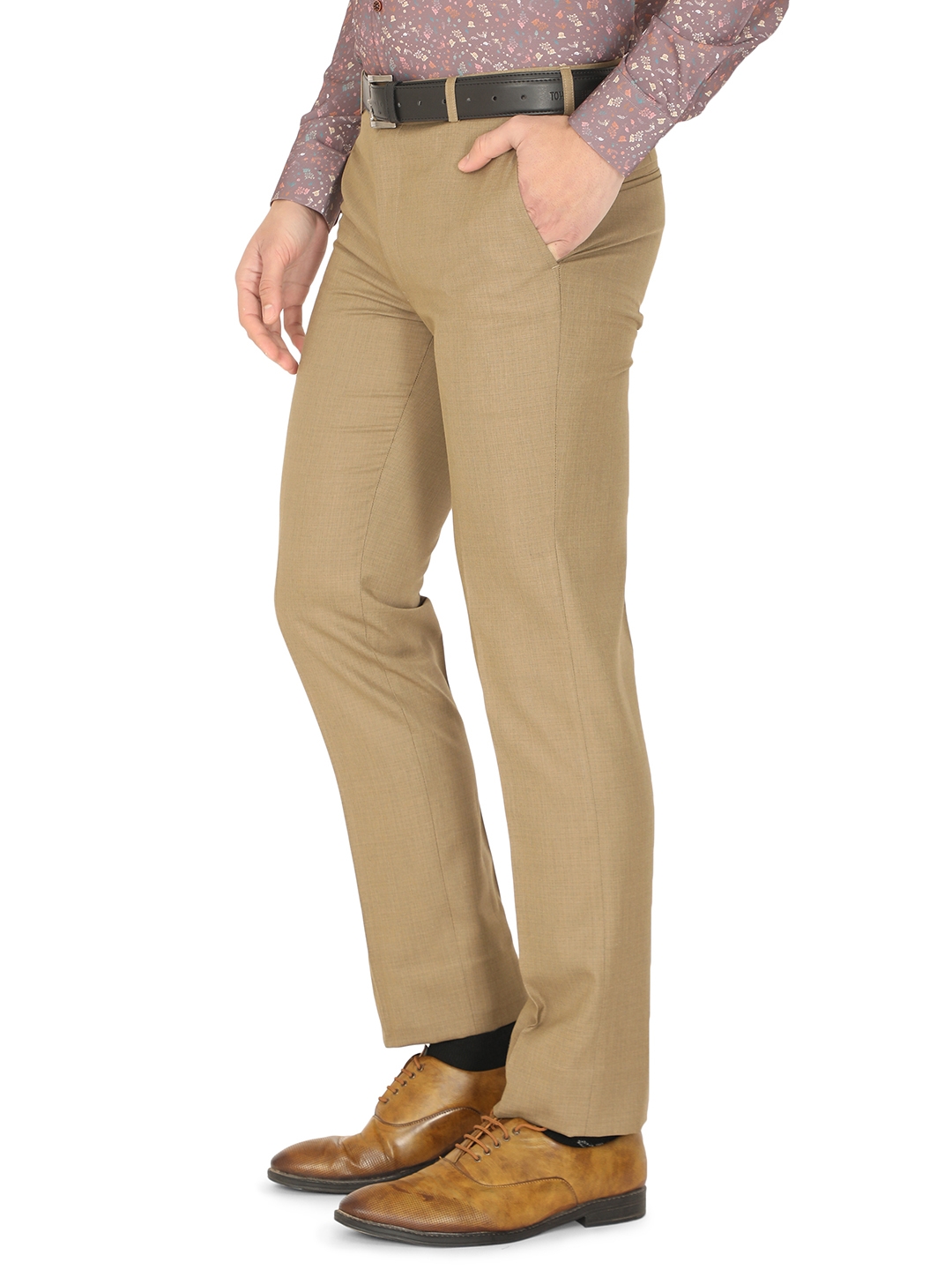 Dark Beige Solid Slim Fit Formal Trouser | Greenfibre