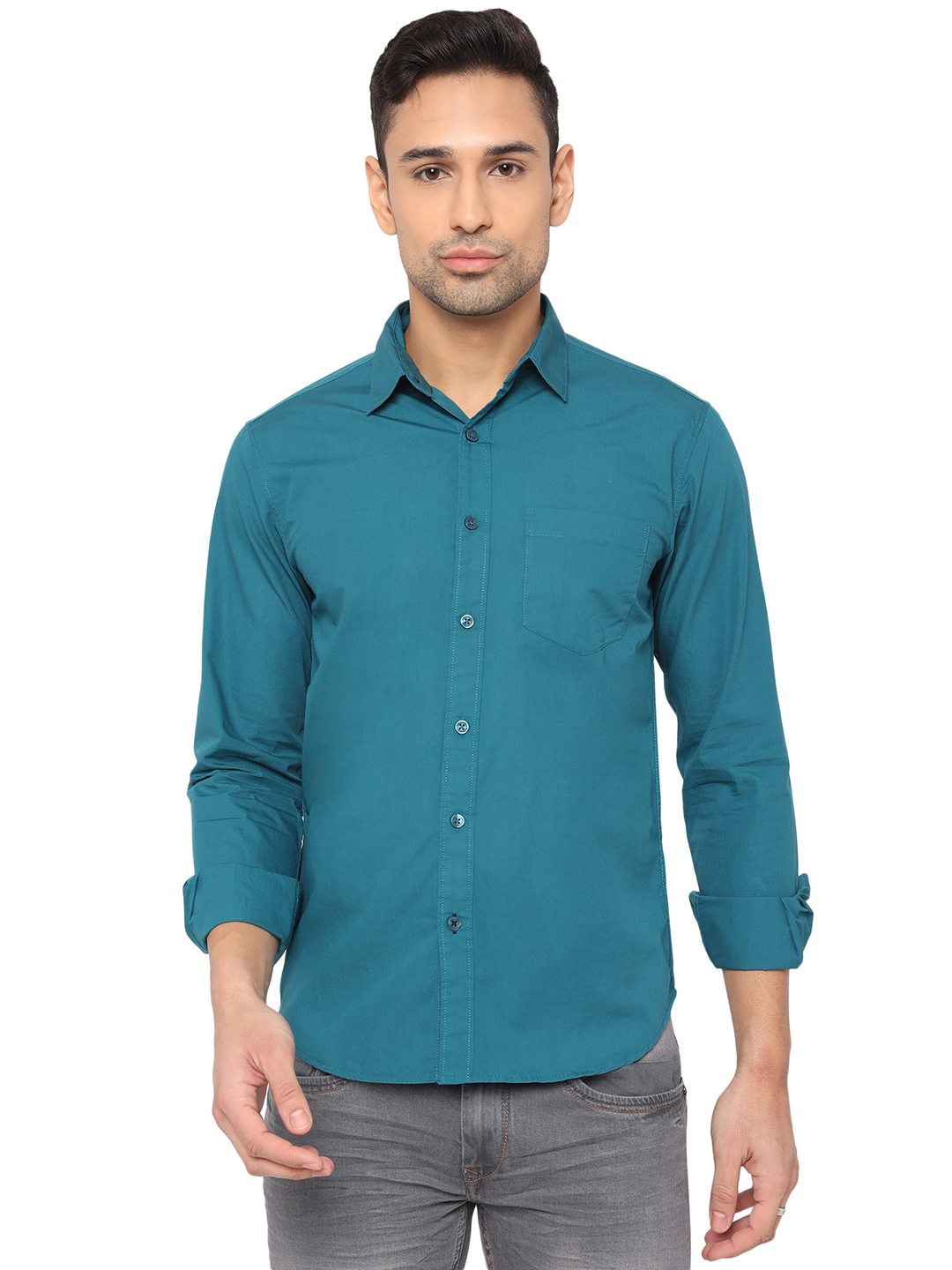 Teal Blue Solid Slim Fit Semi Casual Shirt | Greenfibre