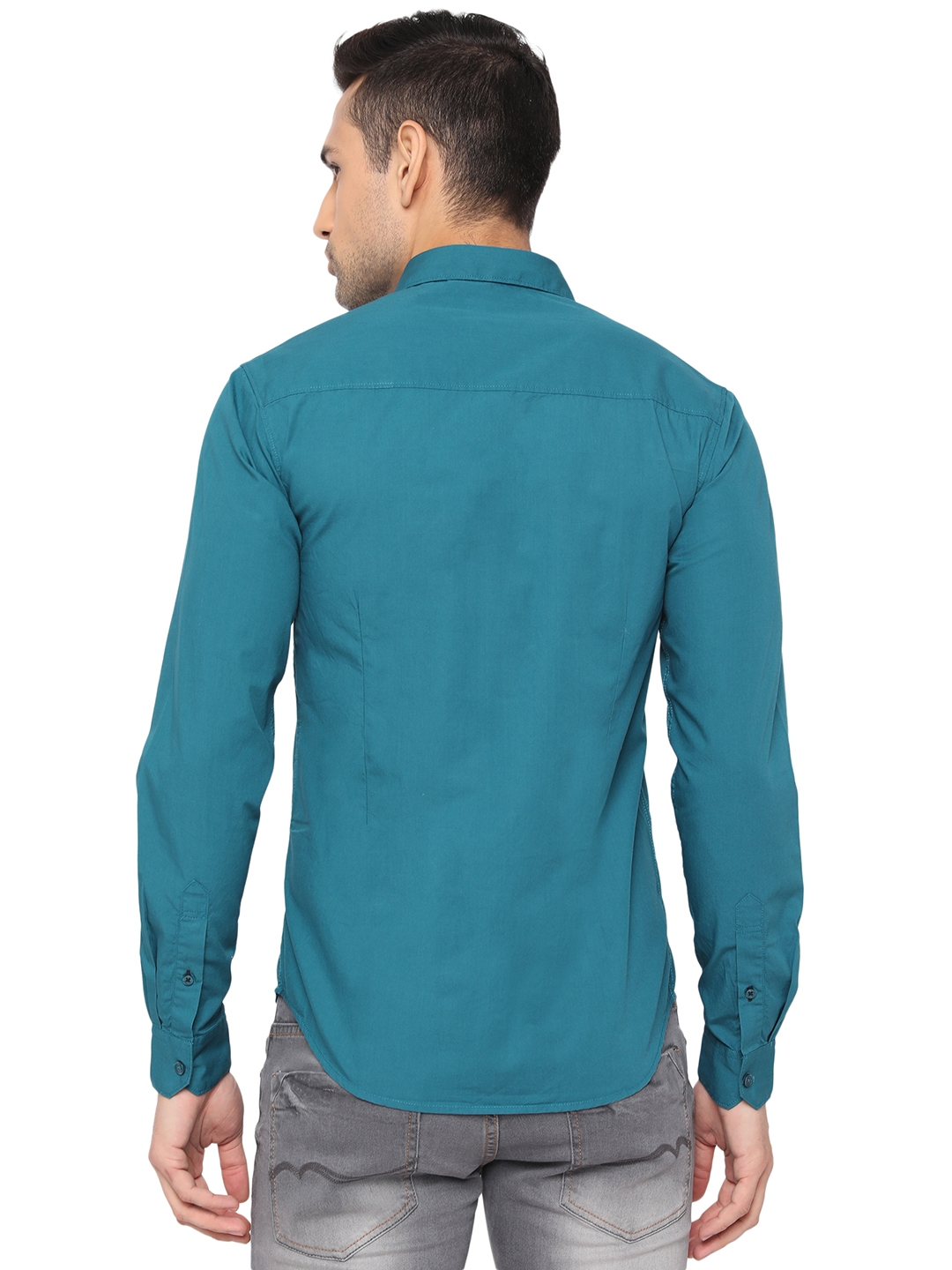 Teal Blue Solid Slim Fit Semi Casual Shirt | Greenfibre