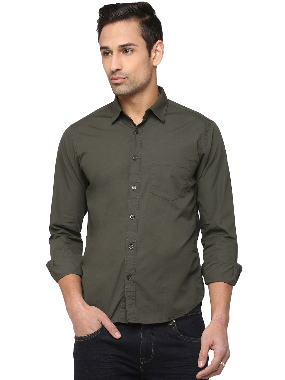 Greenfibre | Dark Grey Solid Slim Fit Semi Casual Shirt | Greenfibre