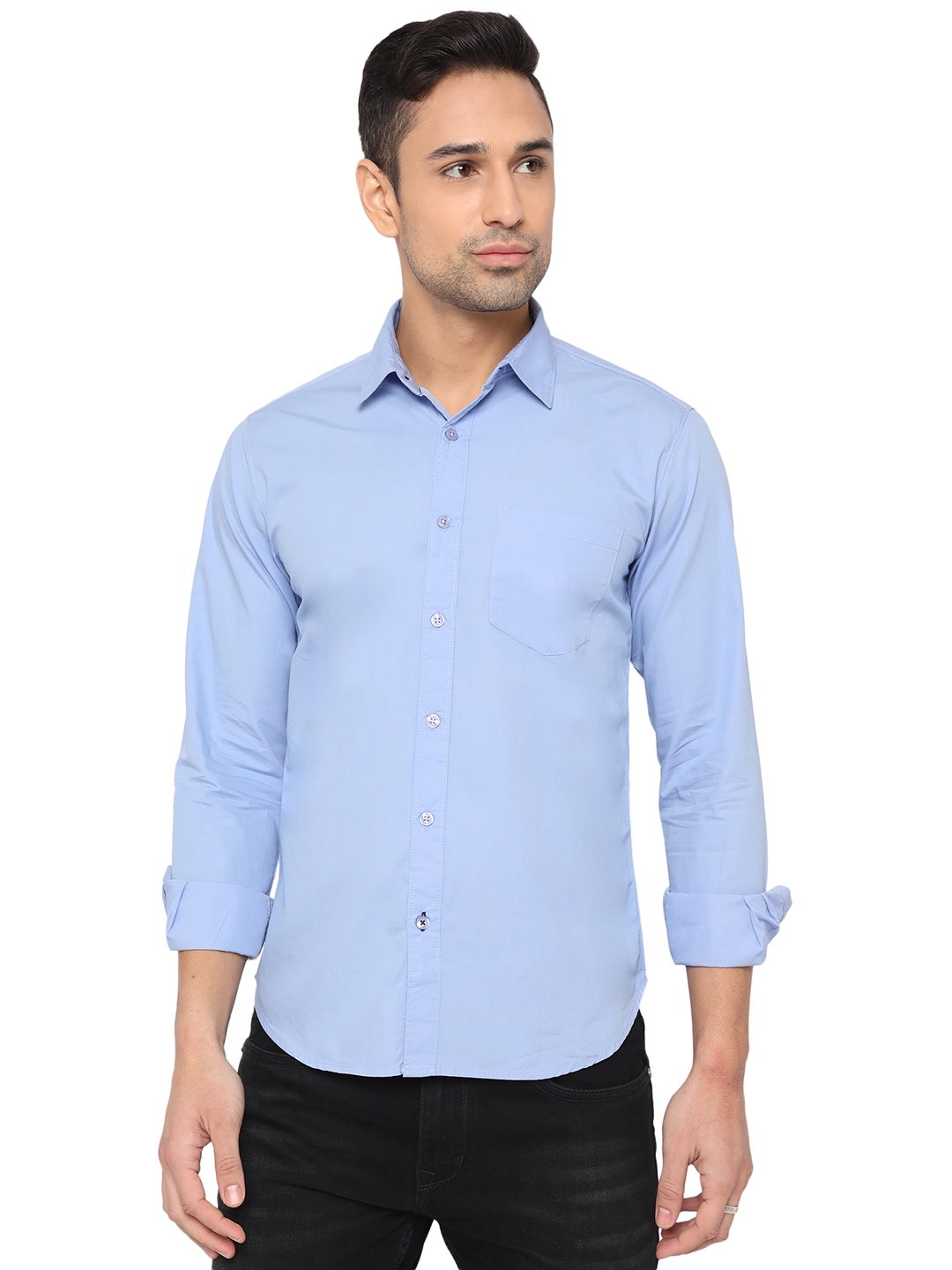 Sky Blue Solid Slim Fit Semi Casual Shirt | Greenfibre