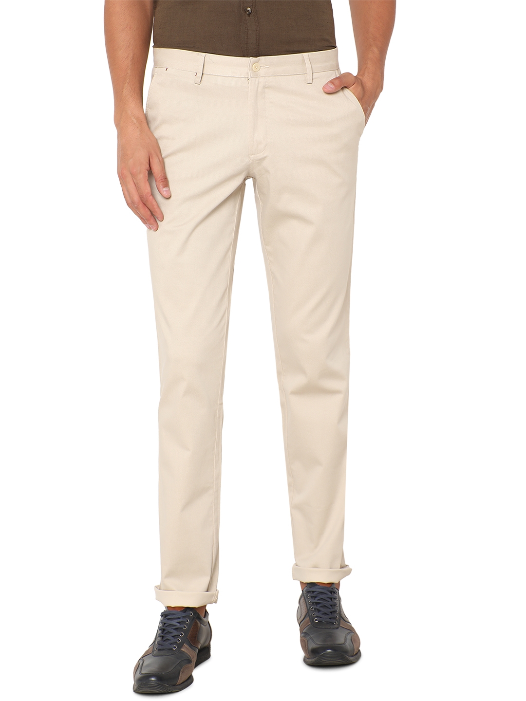 Greenfibre | Cream Printed Slim Fit Casual Trouser | Greenfibre
