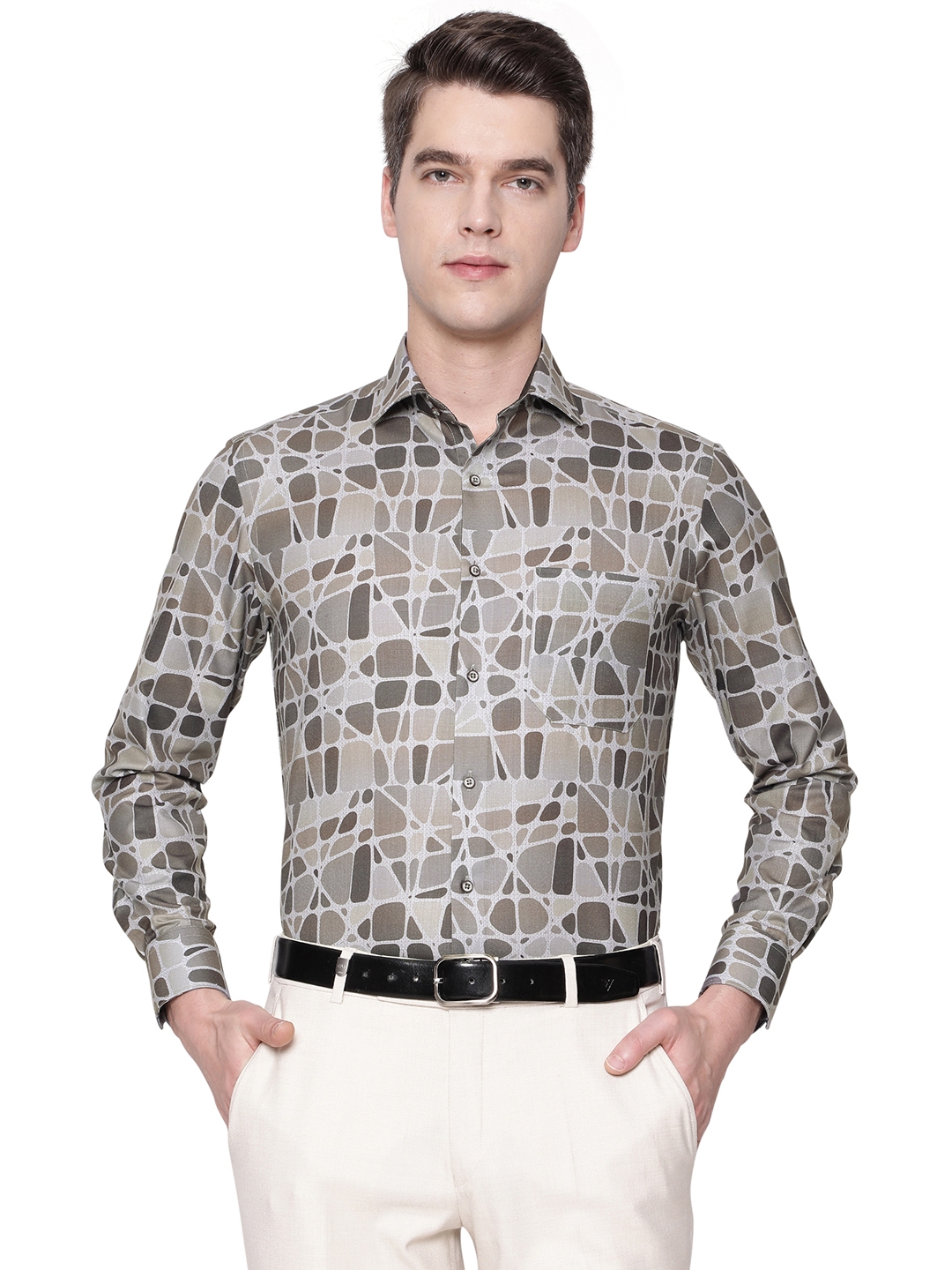 Grey & Brown Printed Slim Fit Party Wear Shirt | Greenfibre