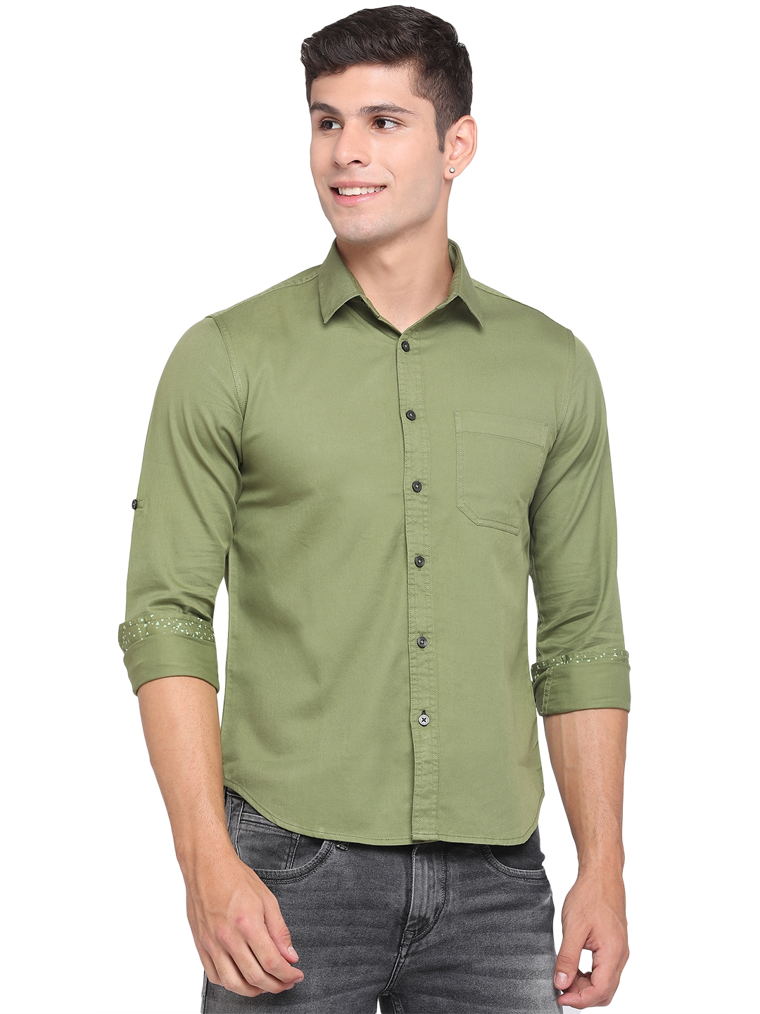 Dill Green Solid Slim Fit Semi Casual Shirt | Greenfibre