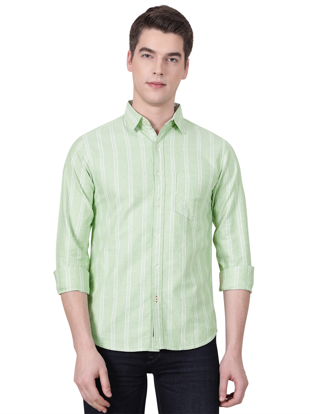 Greenfibre | Green Striped Slim Fit Semi Casual Shirt | Greenfibre