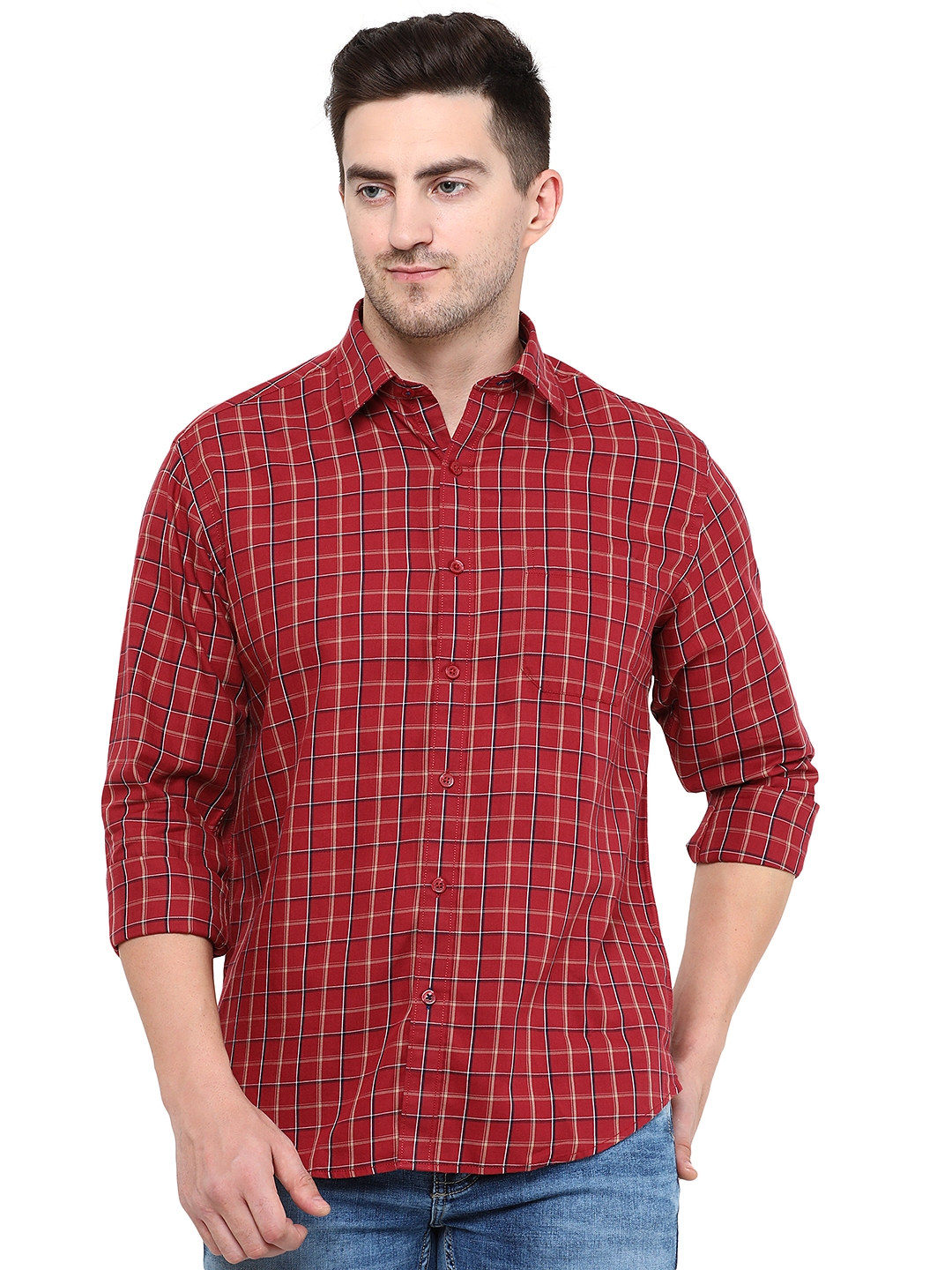 Maroon Checked Classic Fit Casual Shirt | Greenfibre