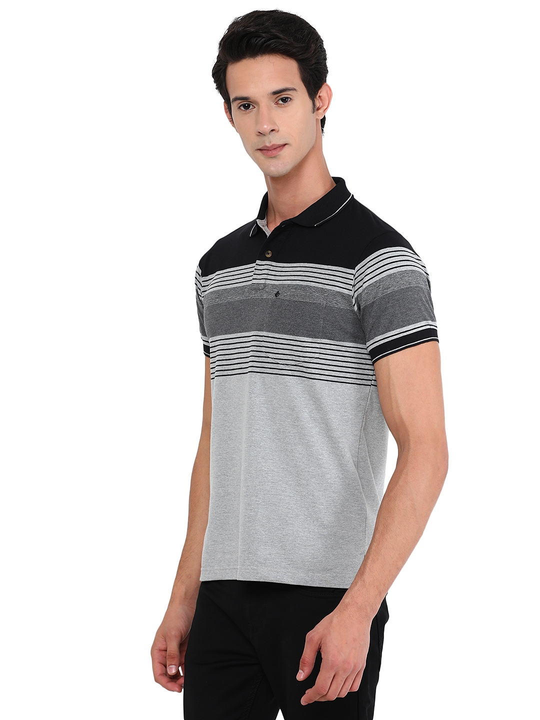 Caster Grey Striped Slim Fit Polo T-Shirt | Greenfibre
