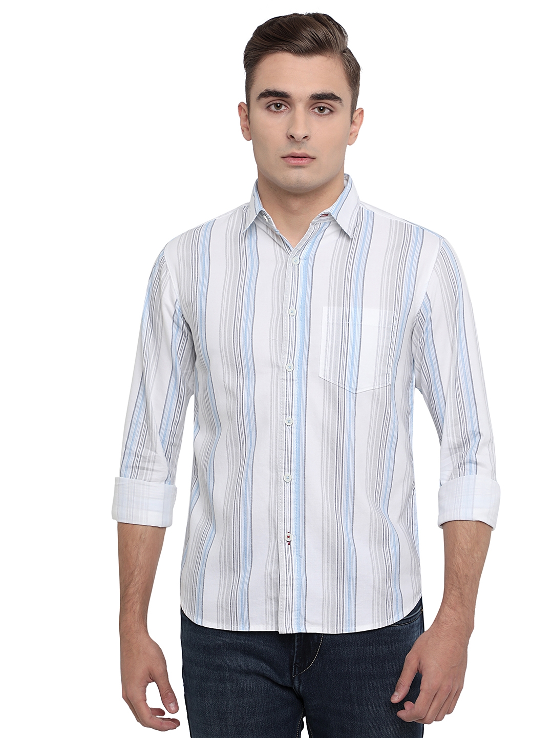Greenfibre | White Striped Slim Fit Semi Casual Shirt | Greenfibre