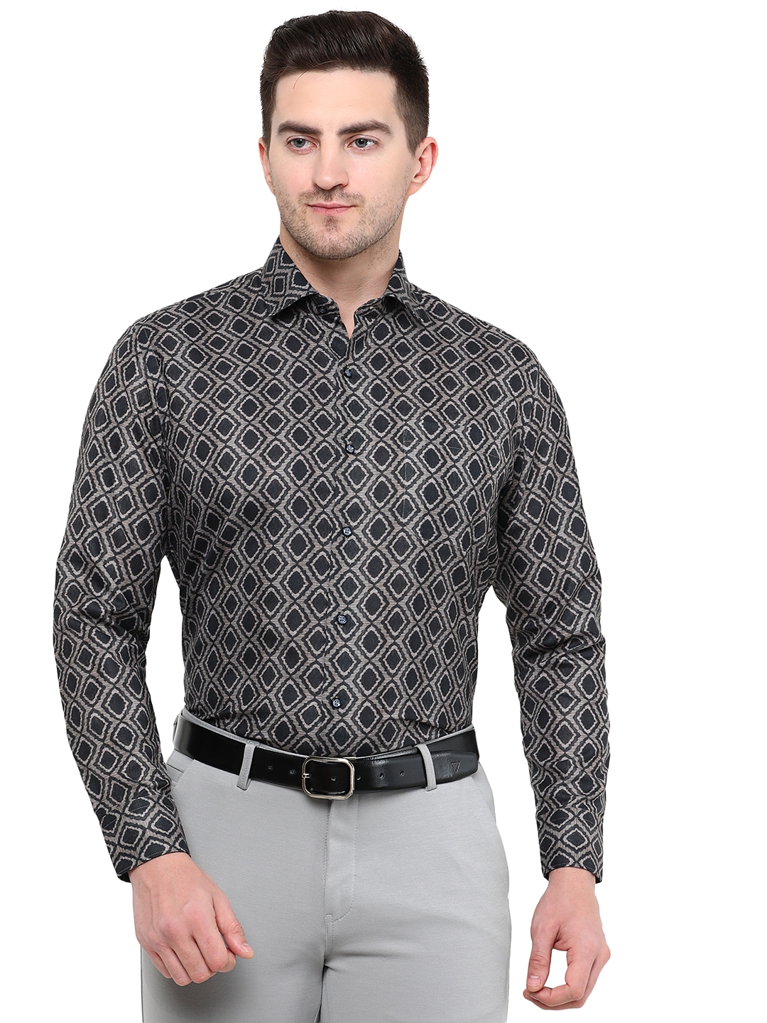 Black & Grey Printed Slim Fit Party Wear Shirt | Greenfibre