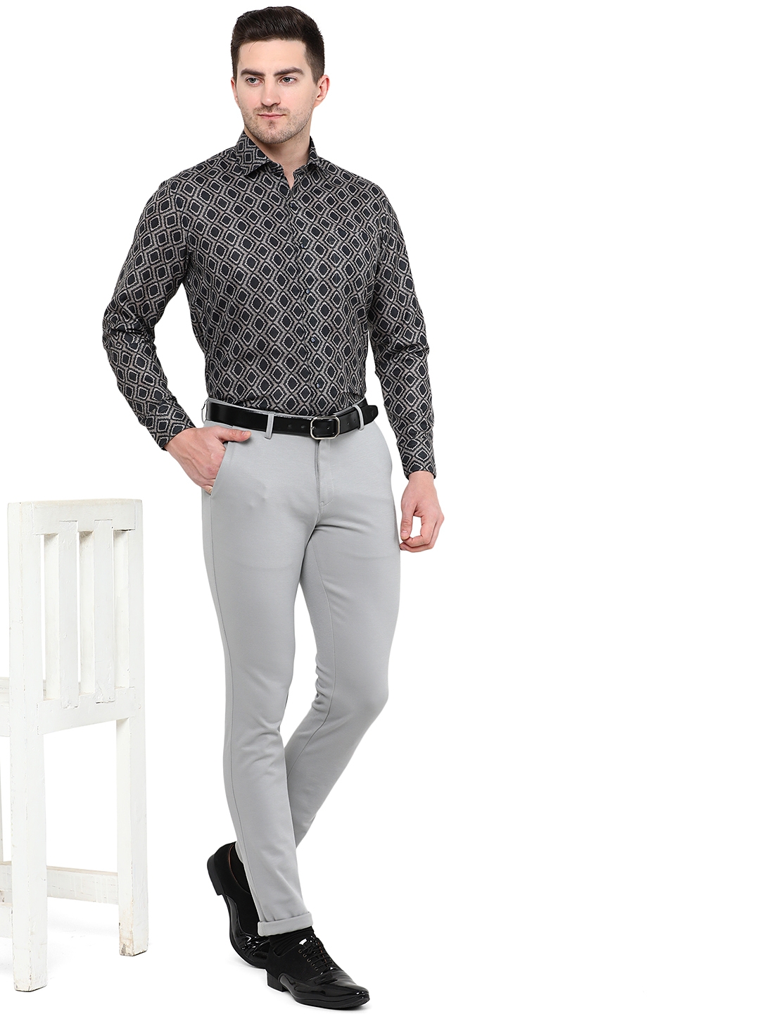 Black & Grey Printed Slim Fit Party Wear Shirt | Greenfibre