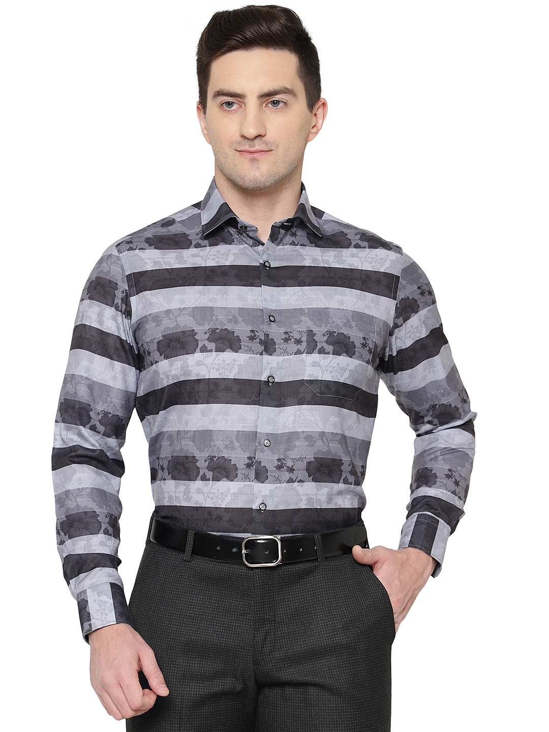 Grey & Black Printed Slim Fit Party Wear Shirt | Greenfibre