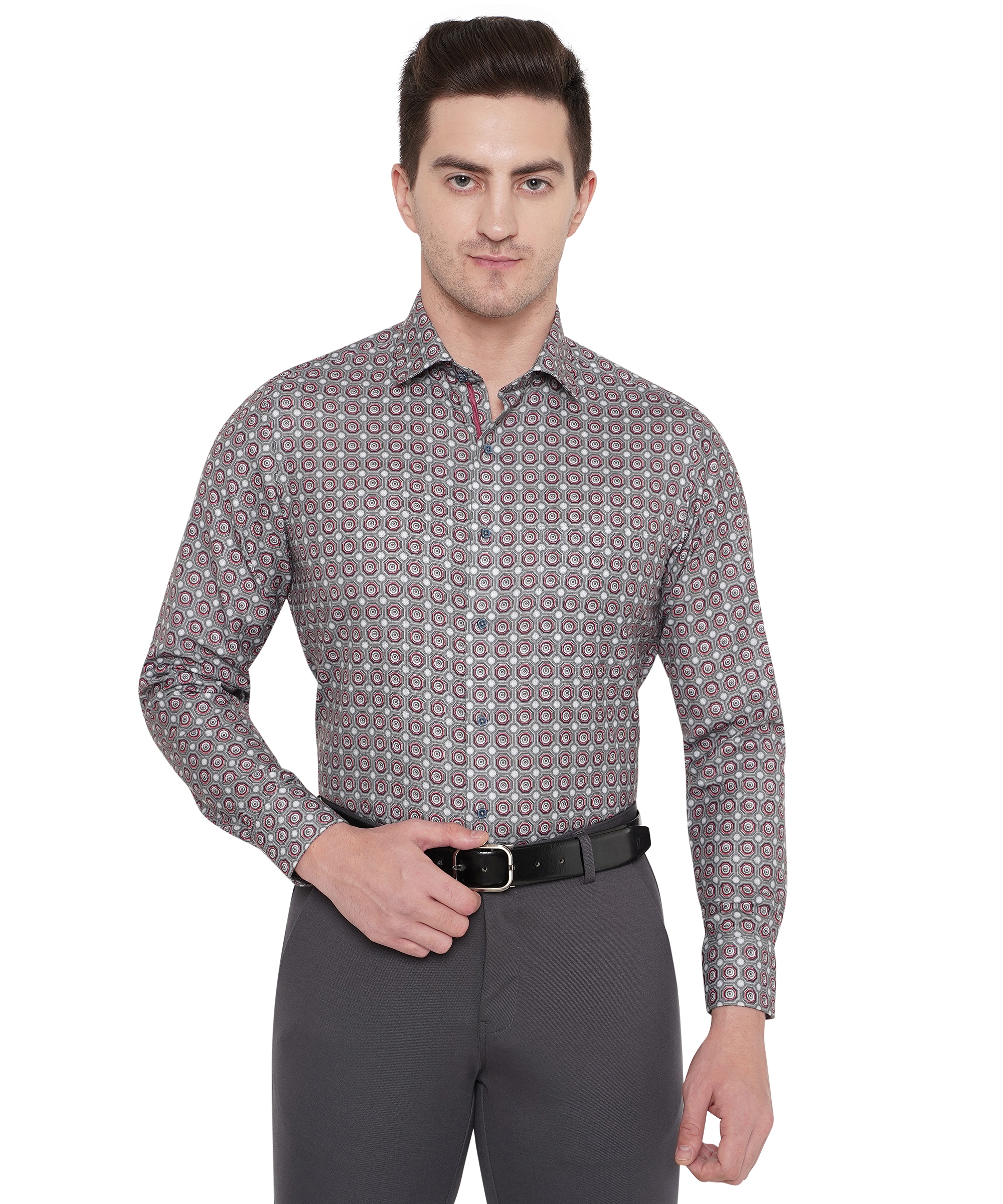 Greenfibre | Light Grey Printed Slim Fit Party Wear Shirt | Greenfibre