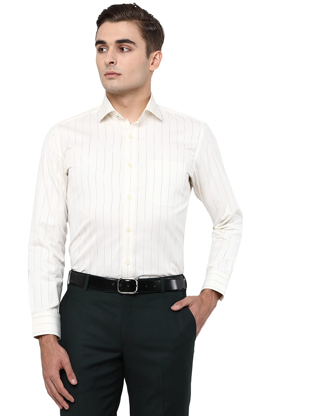 White & Light Yellow Striped Slim Fit Formal Shirt | Greenfibre