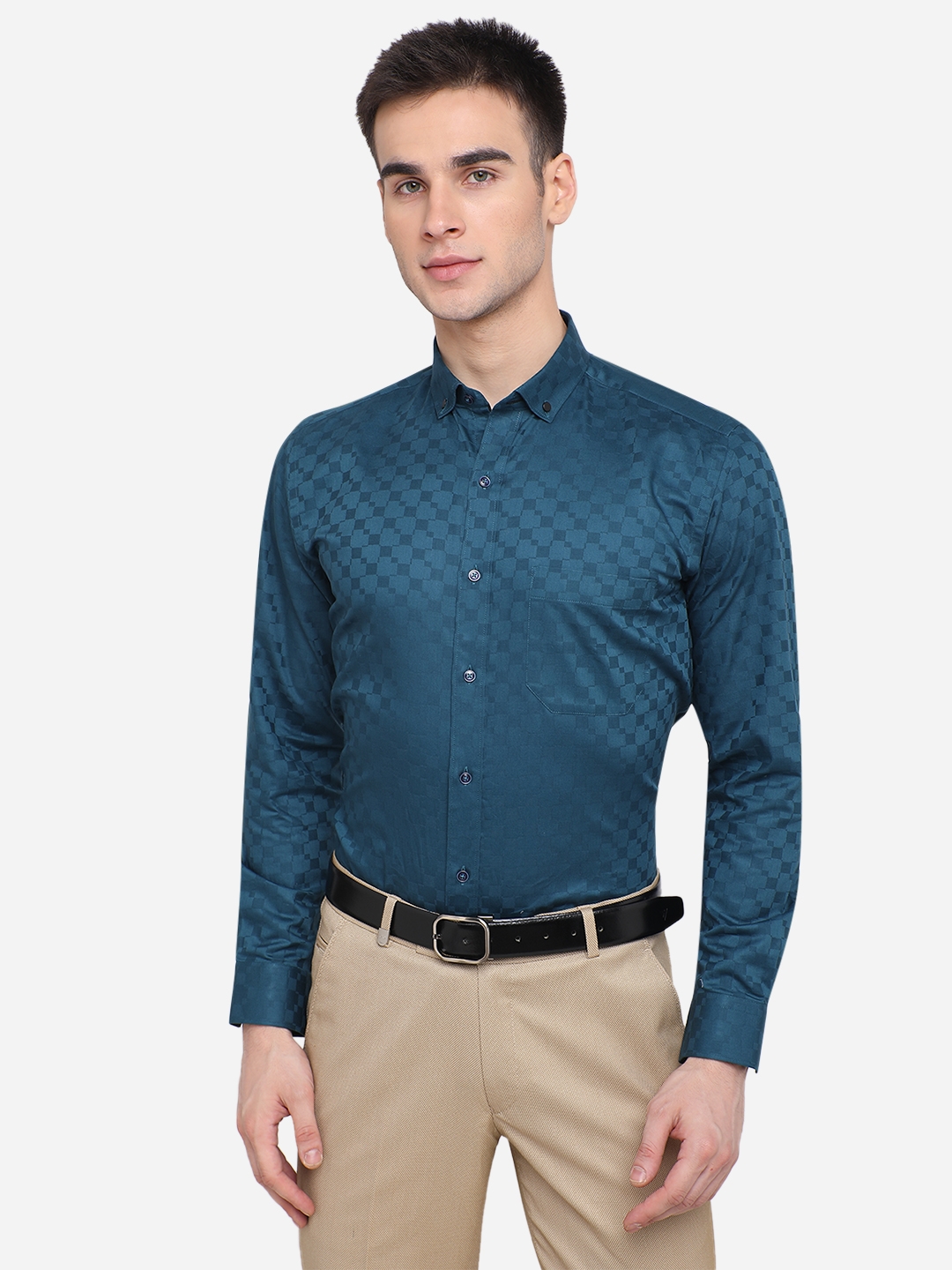 Teal Blue Solid Slim Fit Party Wear Shirt | Greenfibre