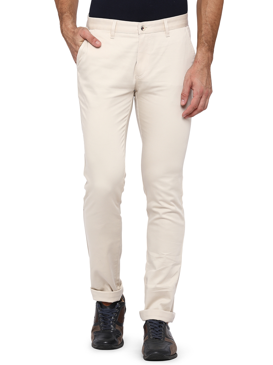 Cream Solid Super Slim Fit Casual Trouser | Greenfibre