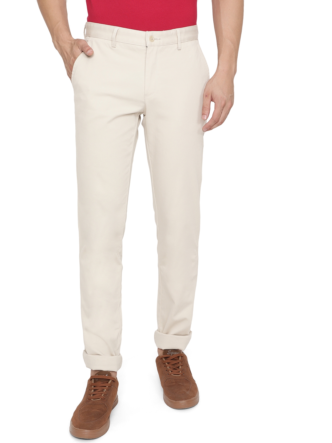 Greenfibre | Cream Solid Slim Fit Casual Trouser | Greenfibre