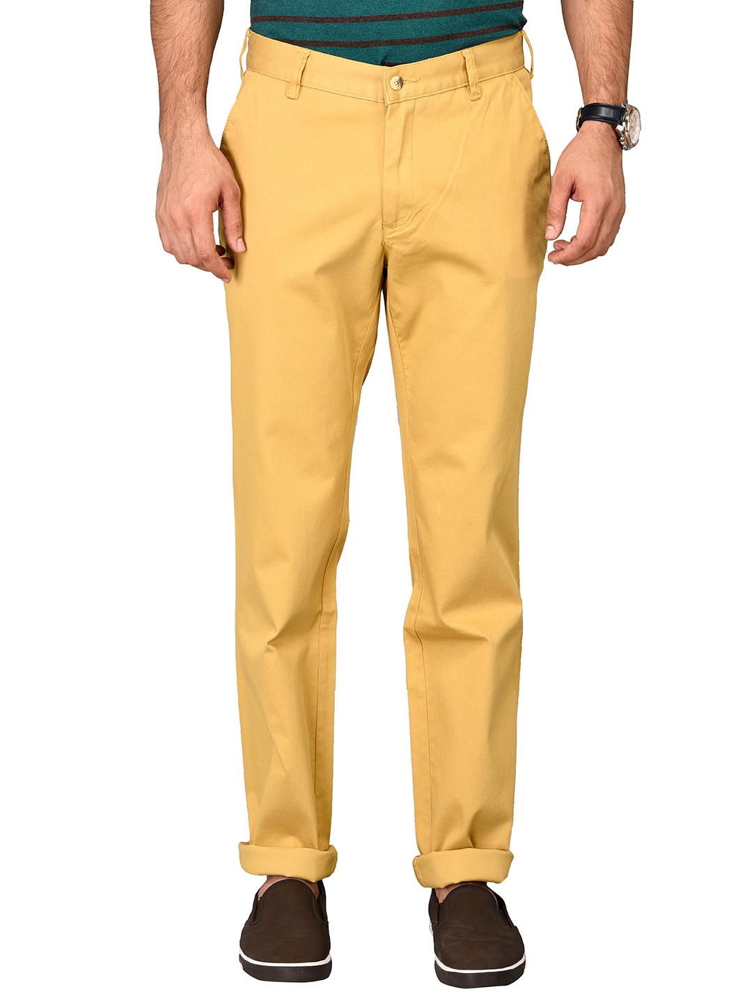 Golden Khaki Self Textured Slim Fit Trouser | Greenfibre
