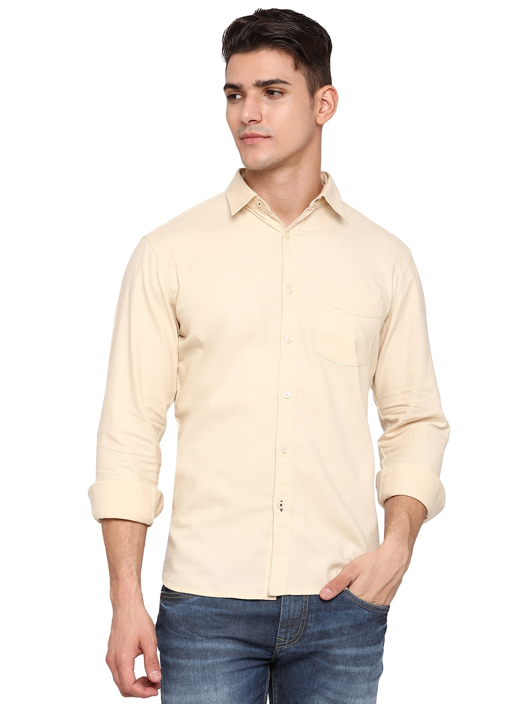 Greenfibre | Peach Solid Slim Fit Semi Casual Shirt | Greenfibre