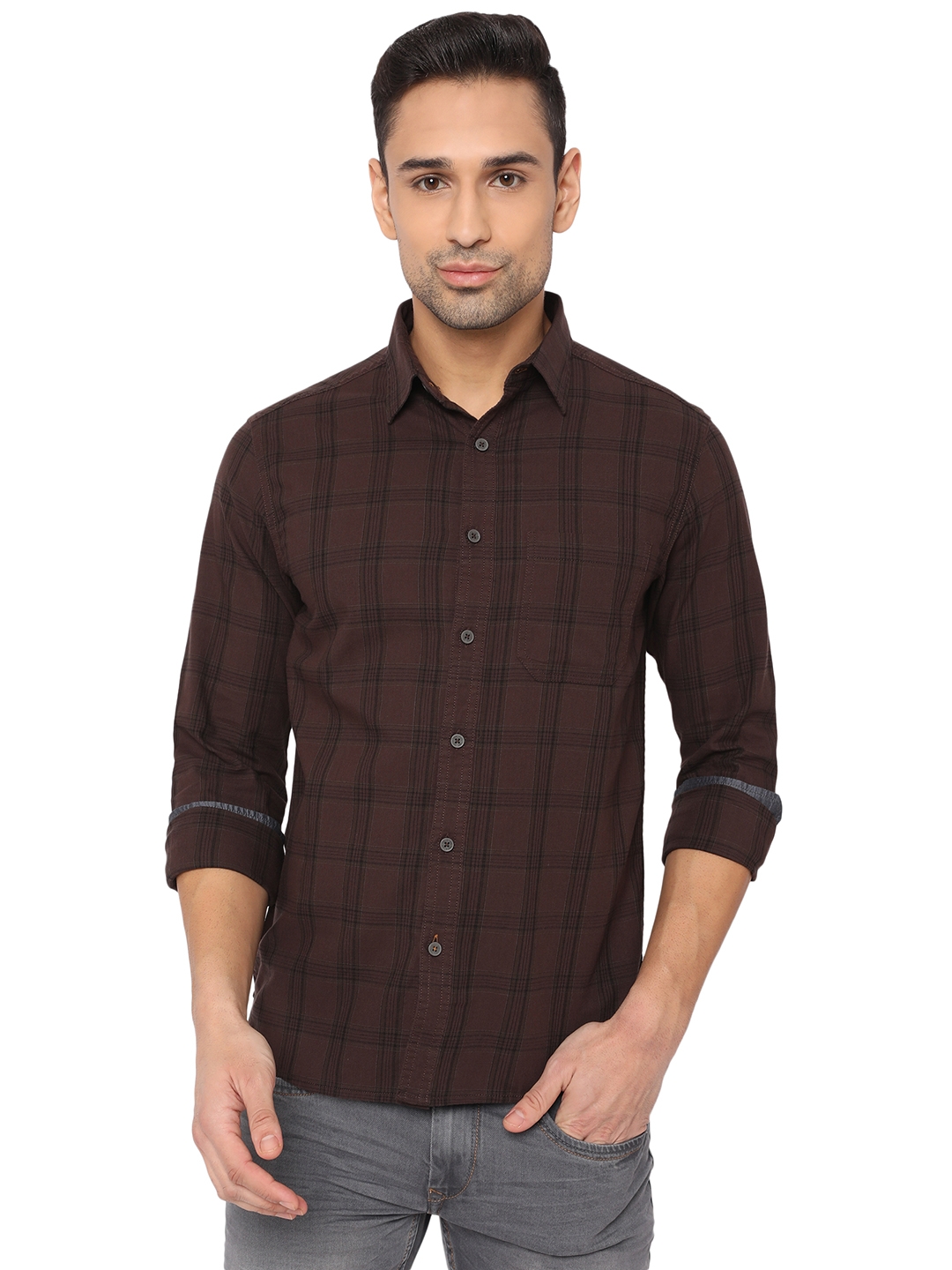 Shale Brown Checked Slim Fit Semi Casual Shirt | Greenfibre