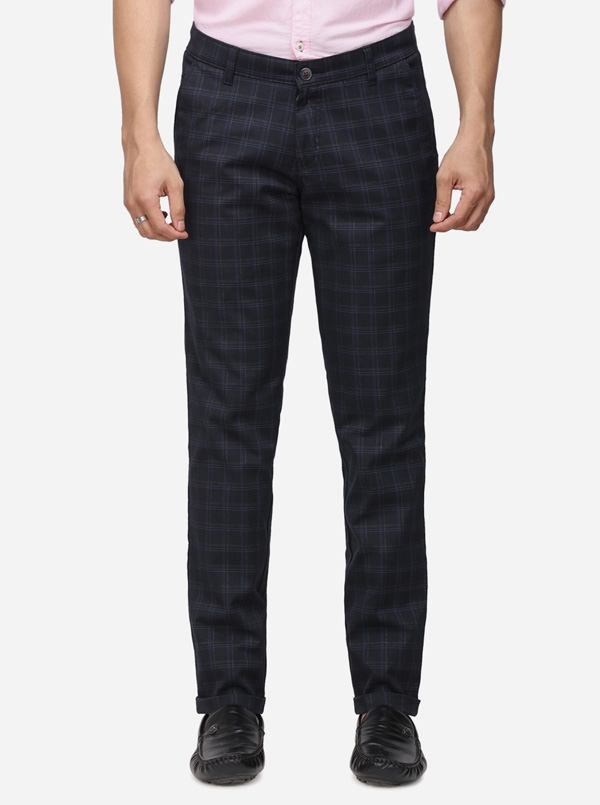 Navy Blue Checked Neo Fit Casual Trouser | Greenfibre
