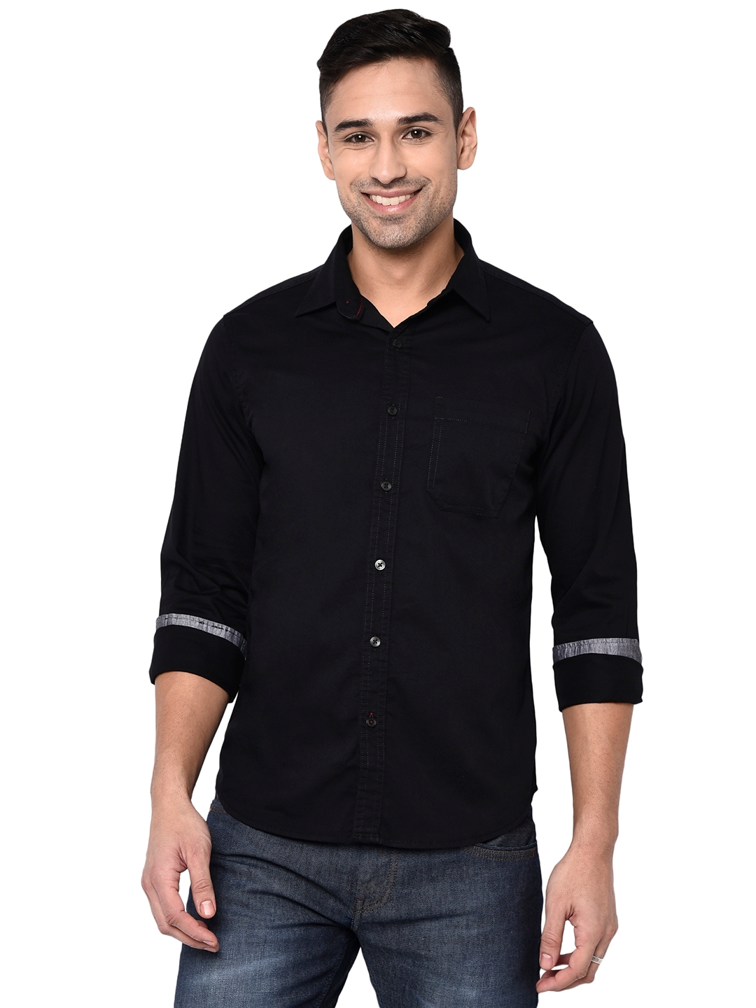 Jet Black Solid Slim Fit Semi Casual Shirt | Greenfibre