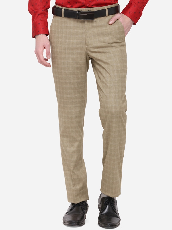 Greenfibre | Beige Checked Formal Trousers (TGFS143/3,DARK BEIGE CHEX)