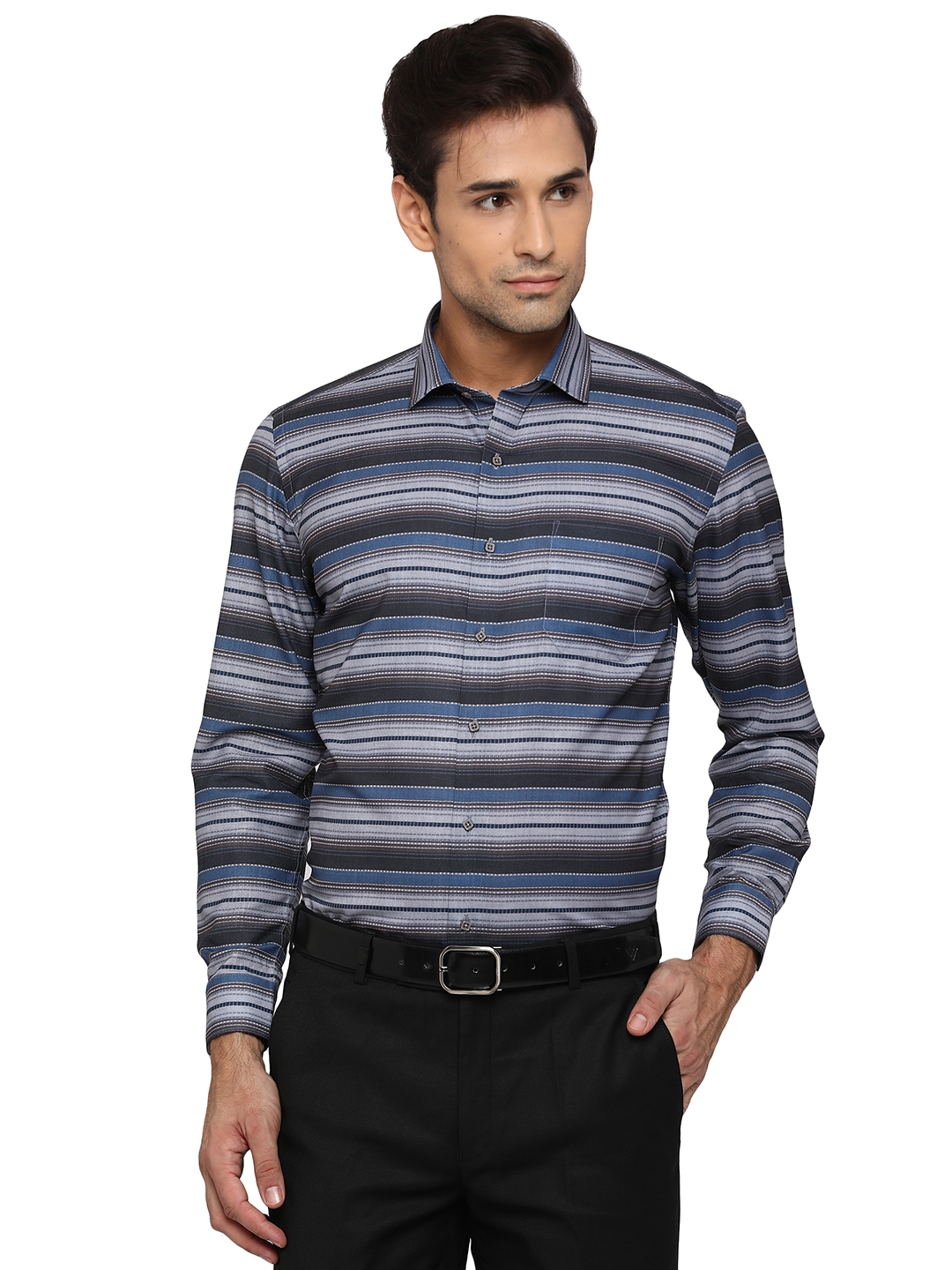 Grey & Blue Printed Slim Fit Party Wear Shirt | Greenfibre
