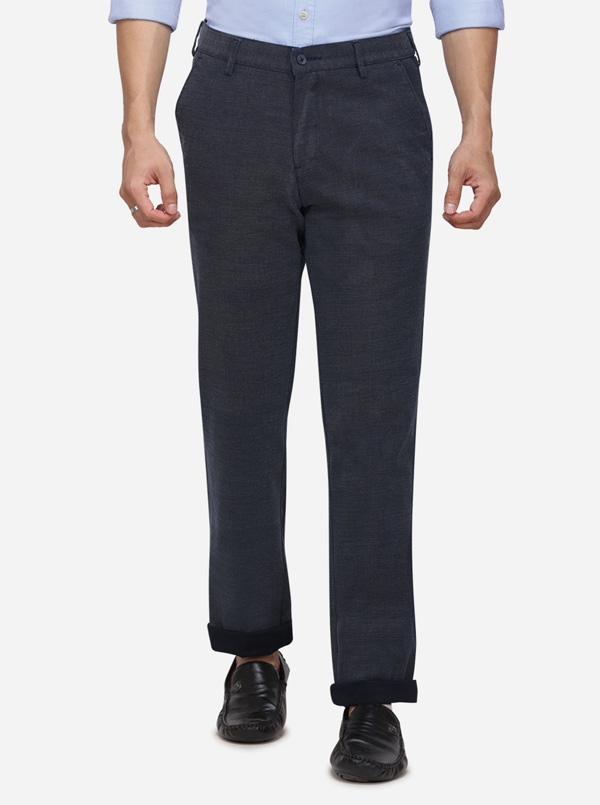 Navy Blue Solid Slim Fit Casual Trouser | Greenfibre