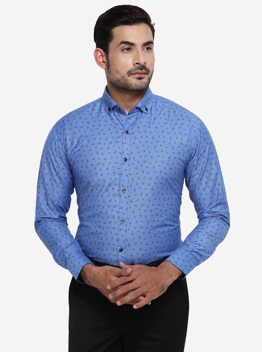 Azure Blue Printed Slim Fit Party wear Shirt | Greenfibre