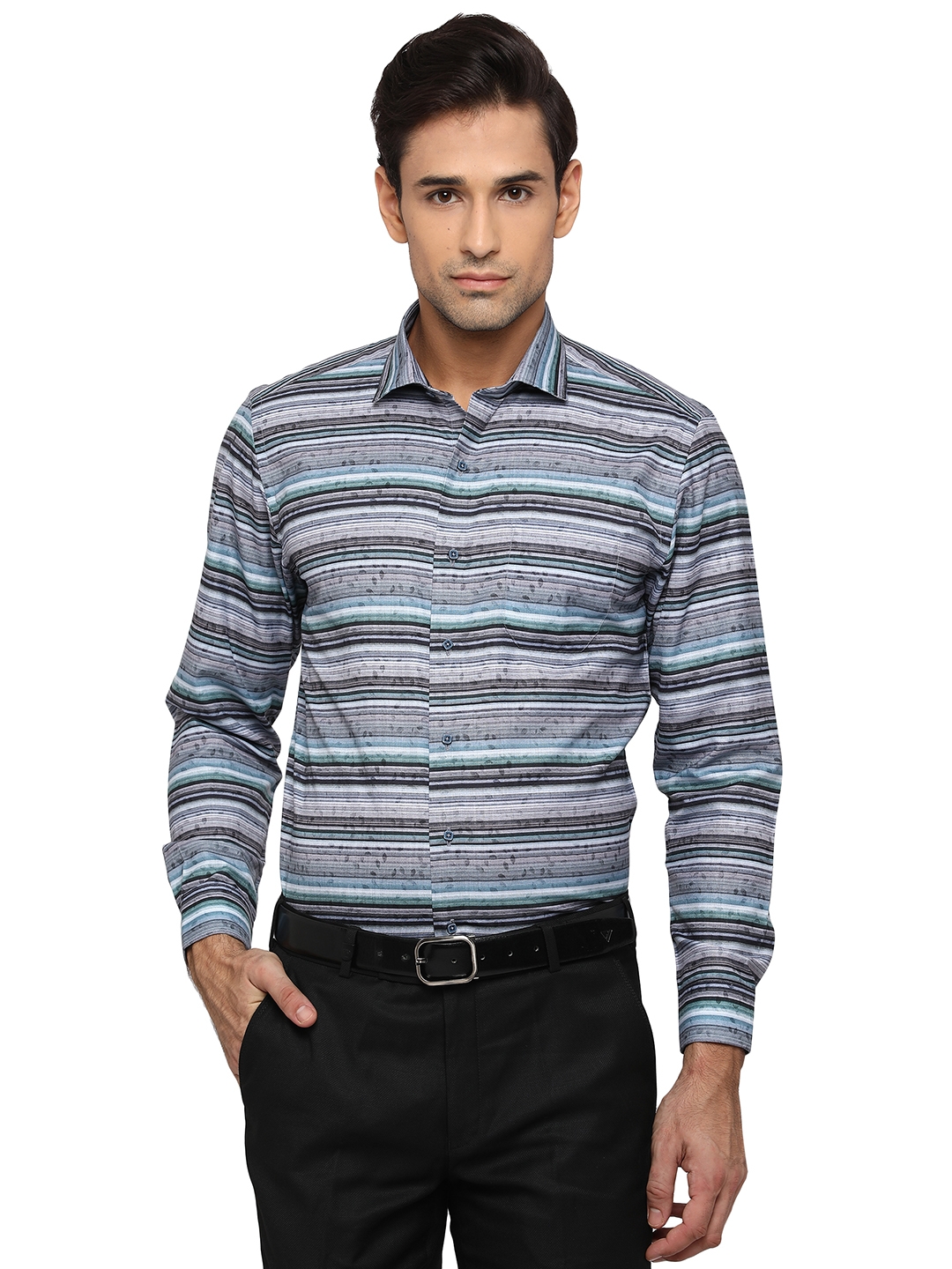 Blue & Grey Printed Slim Fit Party Wear Shirt | Greenfibre