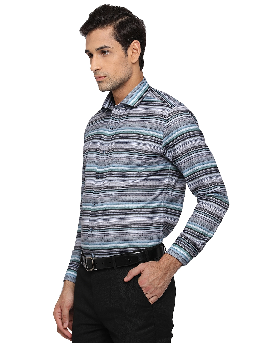 Blue & Grey Printed Slim Fit Party Wear Shirt | Greenfibre