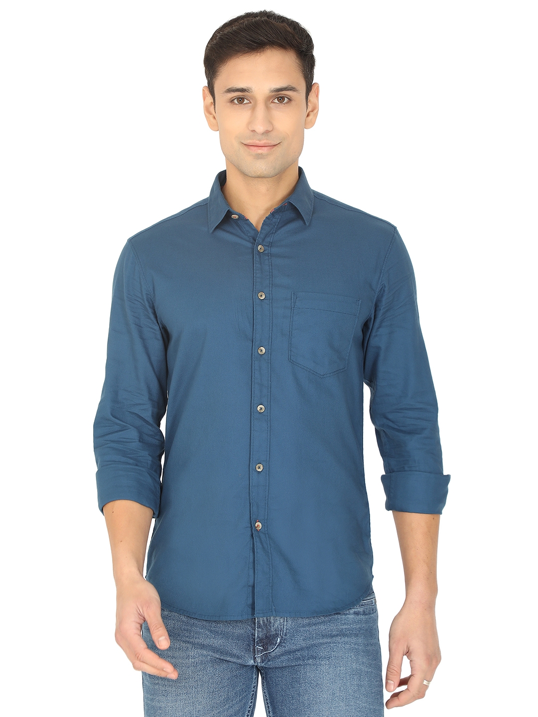 Dark Blue Solid Slim Fit Semi Casual Shirt | Greenfibre
