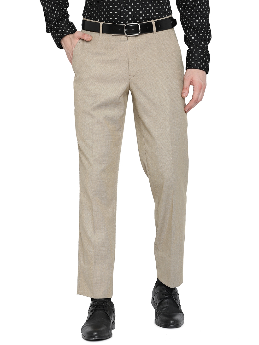 Beige Solid Classic Fit Formal Trouser | Greenfibre