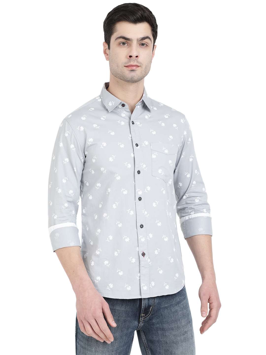 Greenfibre | Light Grey Printed Slim Fit Semi Casual Shirt | Greenfibre