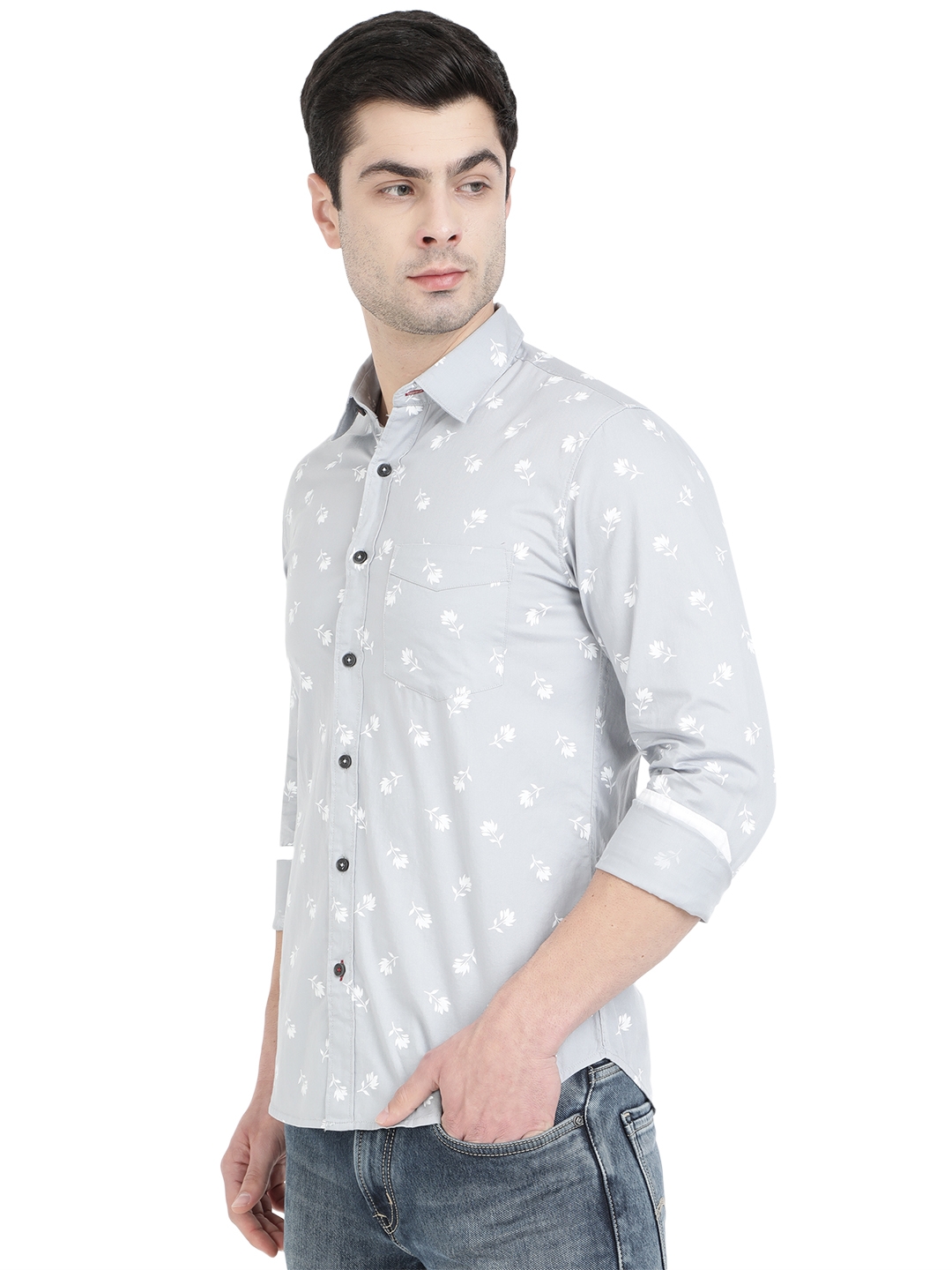 Light Grey Printed Slim Fit Semi Casual Shirt | Greenfibre