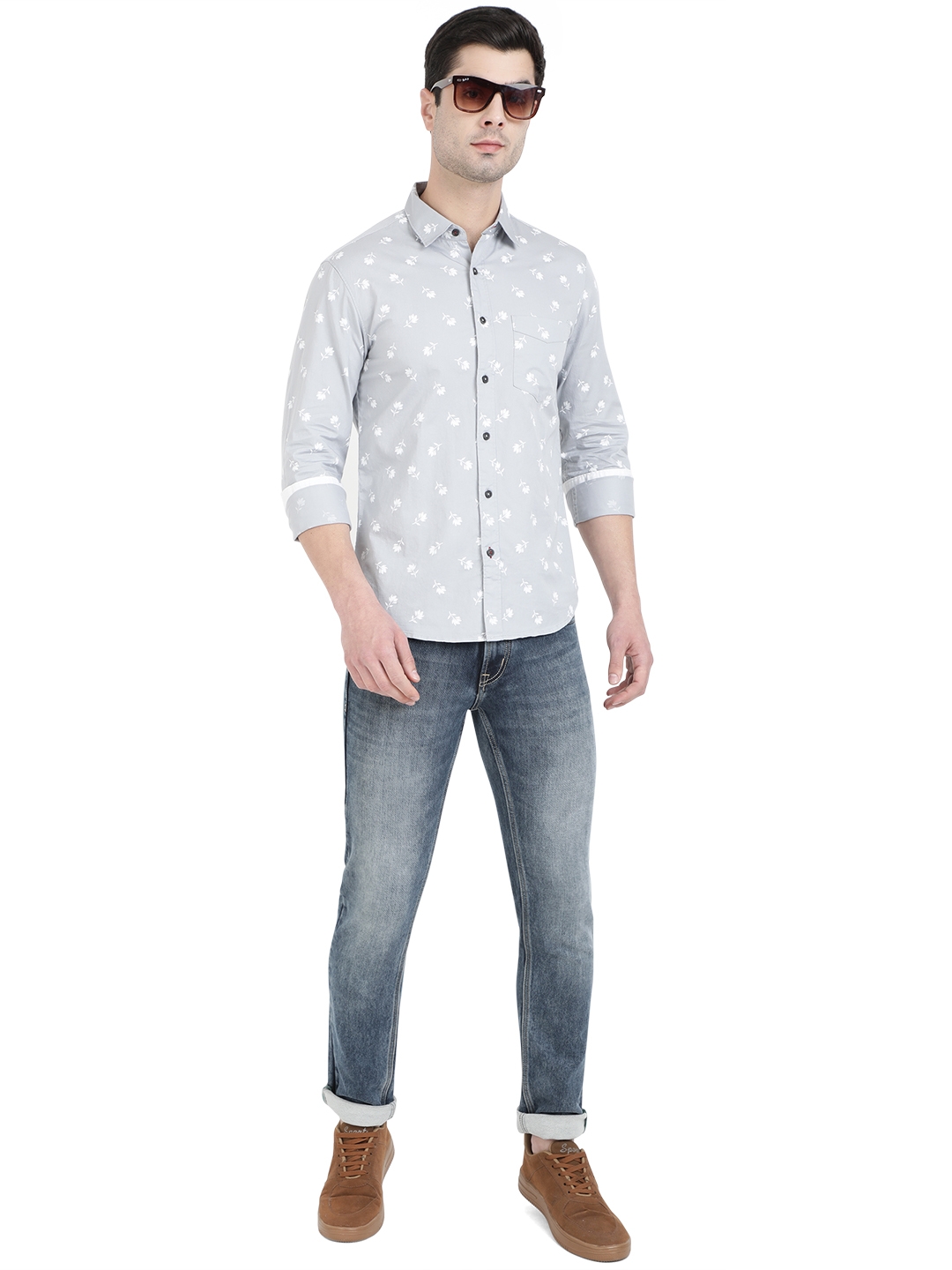 Light Grey Printed Slim Fit Semi Casual Shirt | Greenfibre