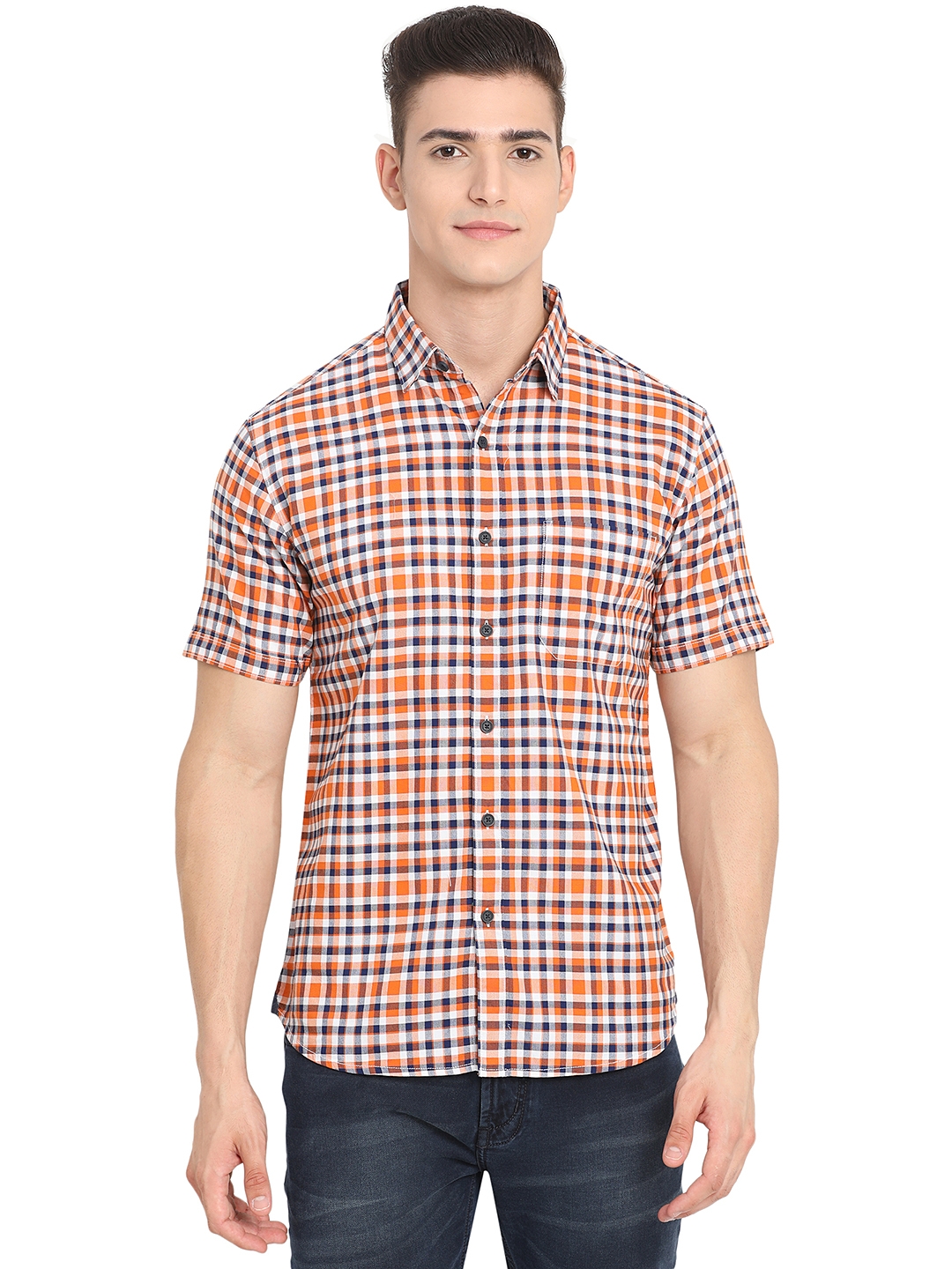 Greenfibre | Orange Checked Slim Fit Semi Casual Shirt | Greenfibre