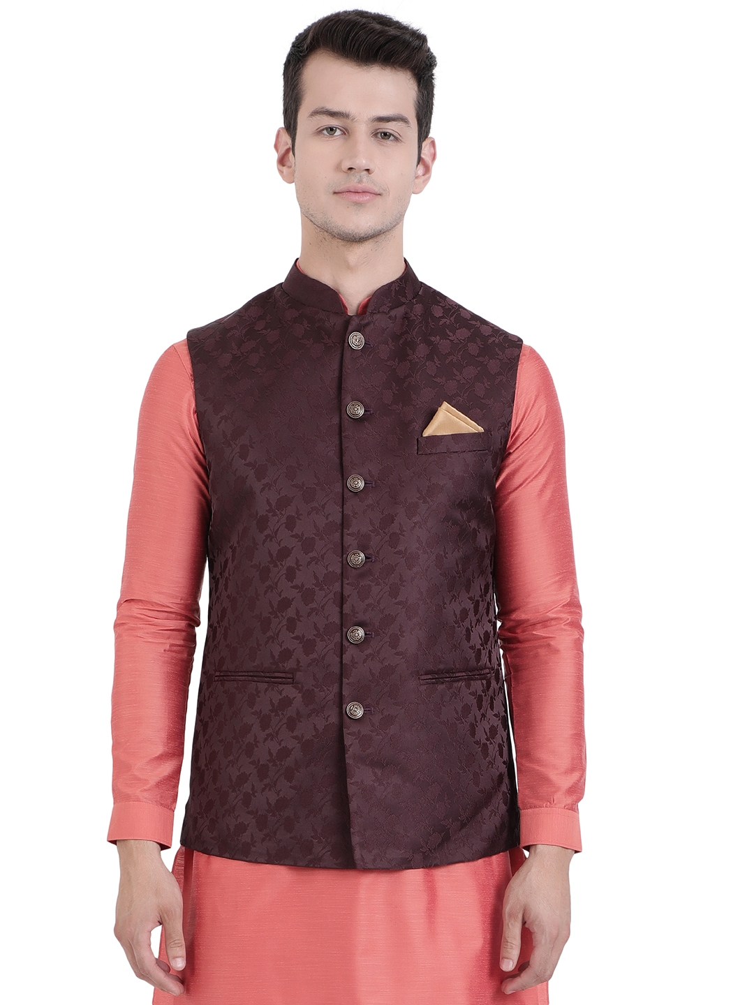 Maroon Printed Bandhgala Jacket | Greenfibre