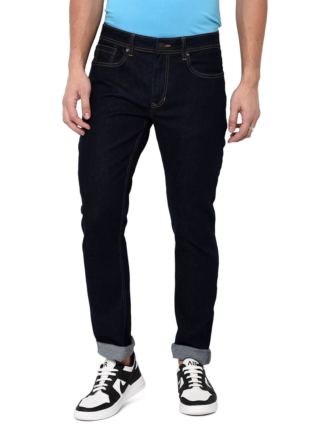 Dark Blue Solid Straight Fit Jeans | Greenfibre