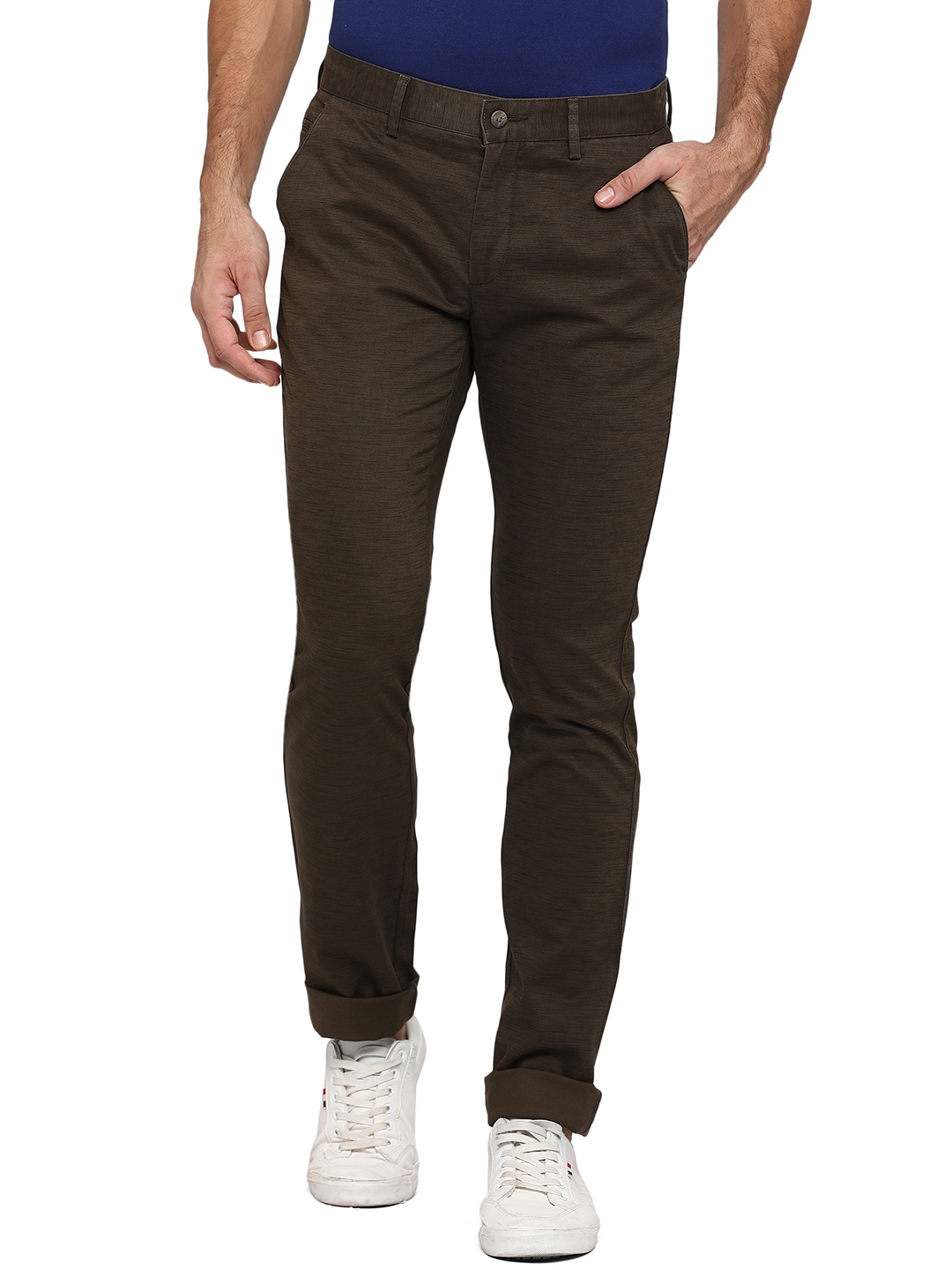 Olive Brown Solid Super Slim Fit Casual Trouser | Greenfibre